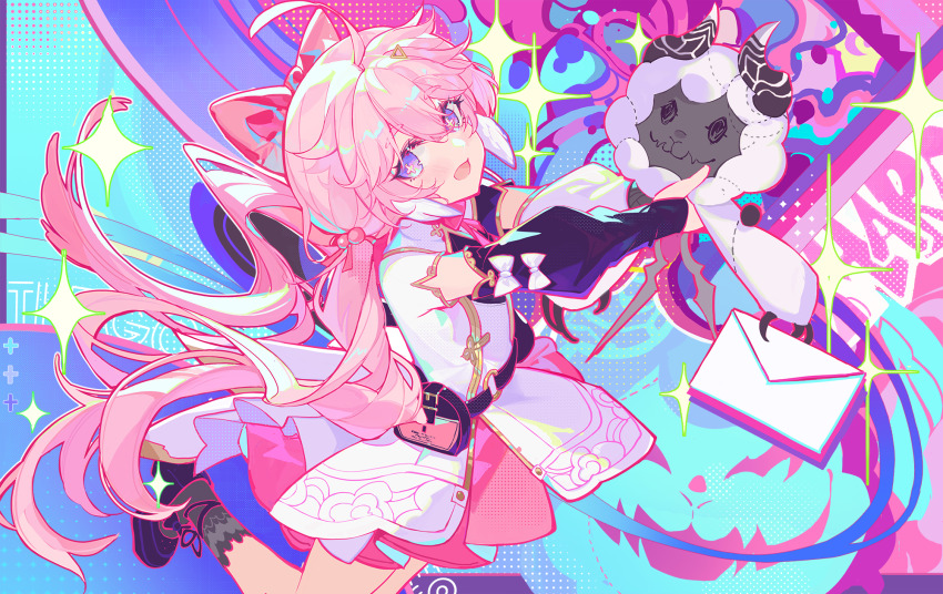 1girl, :d, ahoge, aqua_background, arm_warmers, bag, black_arm_warmers, black_bag