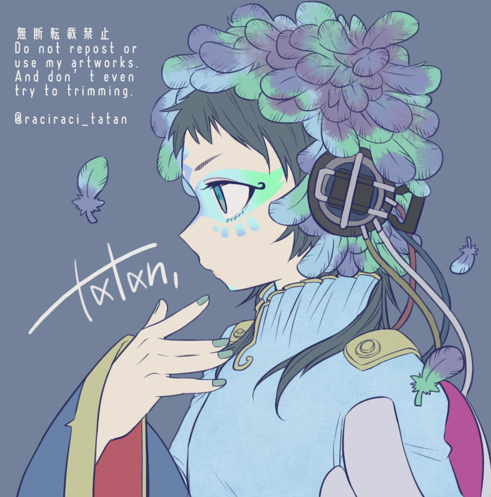 1other, androgynous, blue_eyes, facepaint, facial_mark, feather_hair_ornament, feathers, forehead_mark