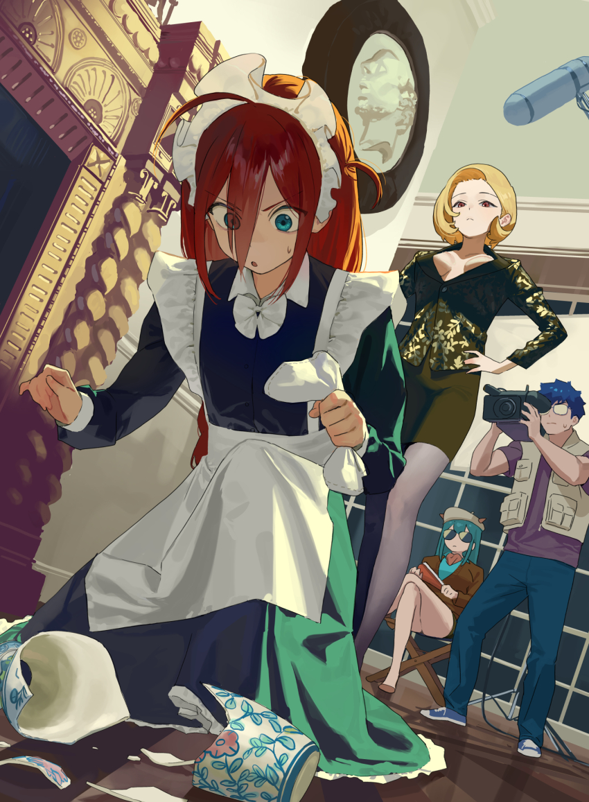 1boy, 3girls, ahoge, apron, aqua_eyes, aqua_hair, aqua_shirt, asymmetrical_hair