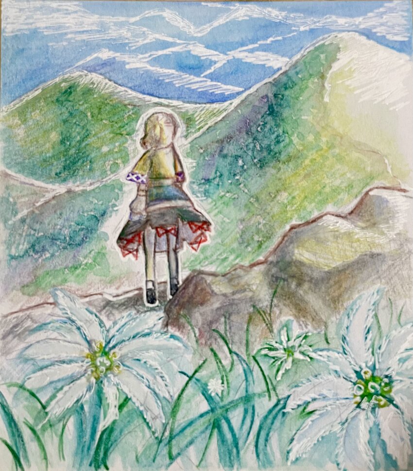 1girl, absurdres, black_shoes, black_skirt, blonde_hair, blue_sky, brown_shirt, commentary_request