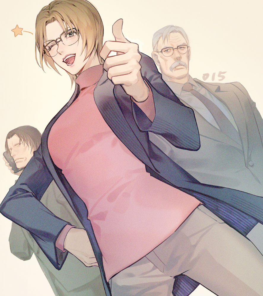 1girl, 2boys, ;d, andre_camel, blonde_hair, commentary_request, dutch_angle, facial_hair