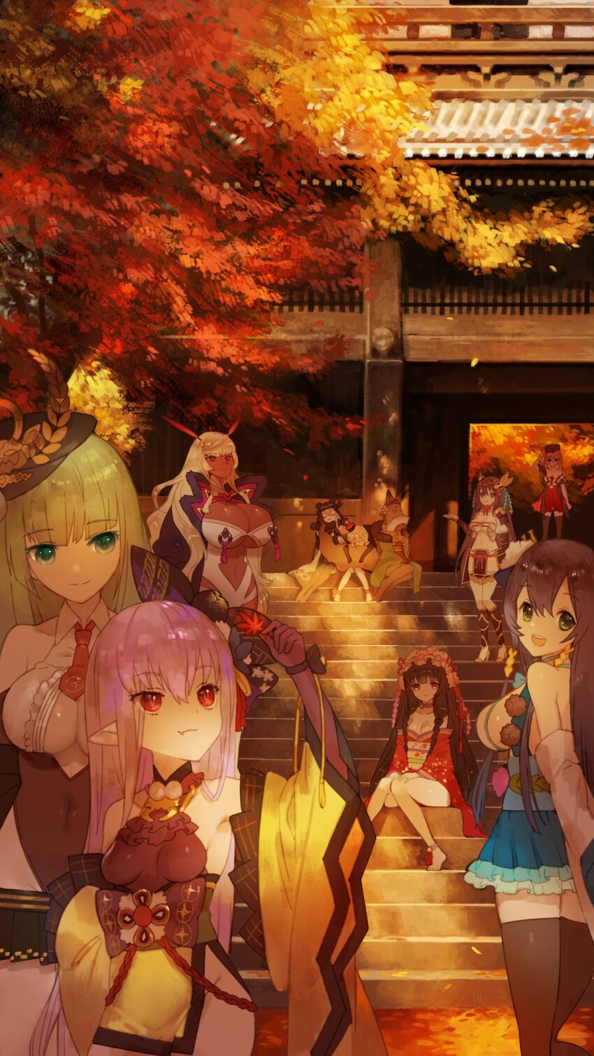 6+girls, autumn_leaves, bare_shoulders, black_hair, castle, dark-skinned_female, dark_skin, date_shigezane_(sengoku_bushouki_muramasa)