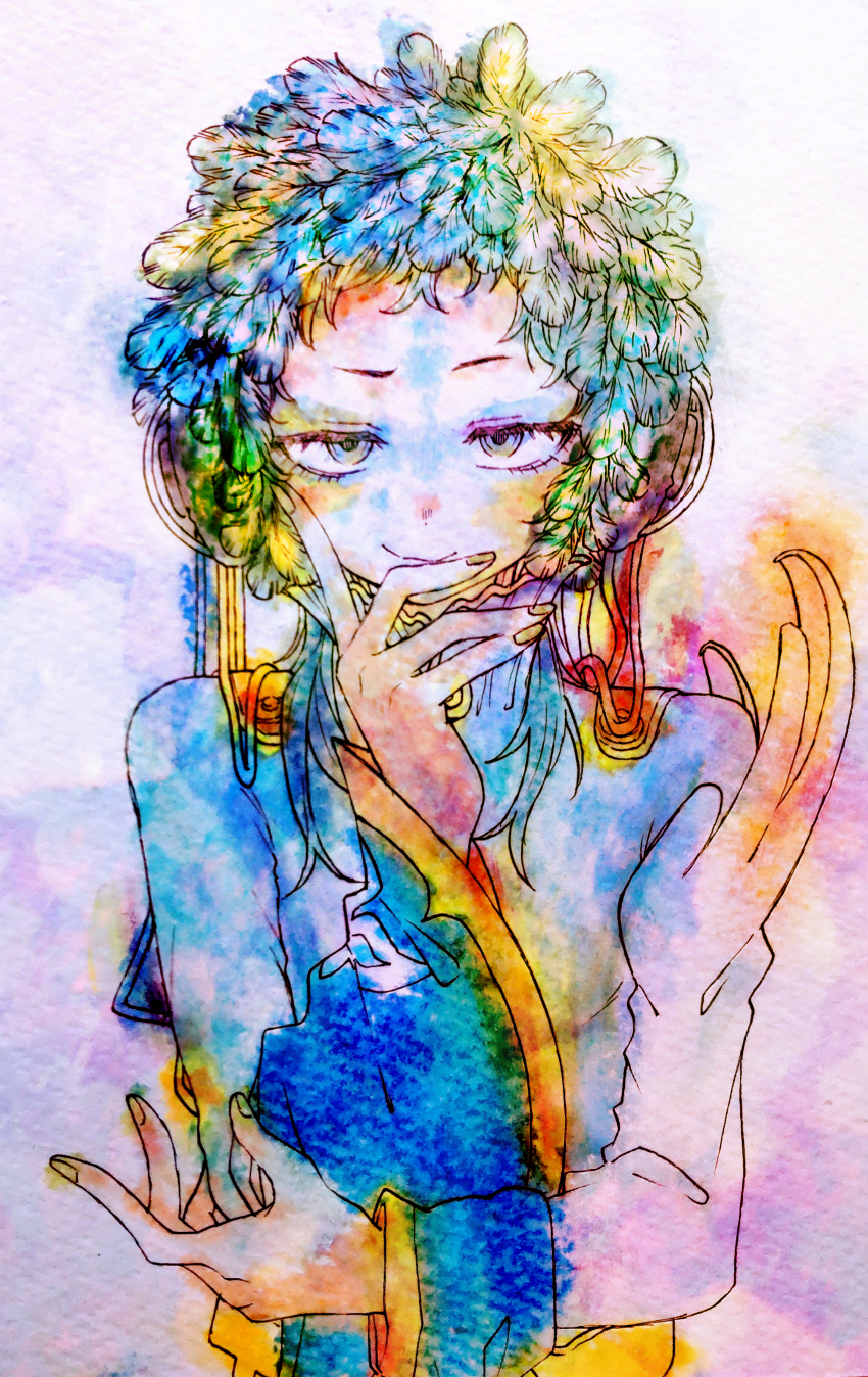 1other, absurdres, androgynous, blue_eyes, facepaint, facial_mark, feathers, forehead_mark