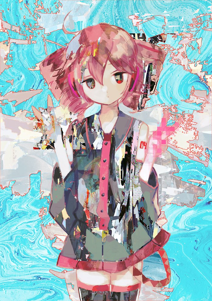 1girl, abstract, ahoge, black_shirt, black_skirt, black_sleeves, black_thighhighs, blue_background