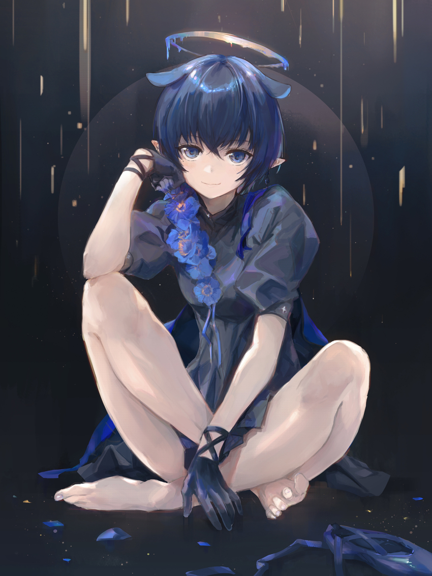 1girl, barefoot, blue_dress, blue_eyes, blue_flower, blue_gloves, blue_hair, breasts, crossed_legs, dark_background, dress, feet, flower, flower_on_chest, flower_ornament, full_body, gloves, halo, hand_on_own_face, high_collar, highres, hololive, hololive_english, knees_up, legs, light_particles, liquid_halo, looking_at_viewer, meconopsis_(ninomae_ina'nis), melting_halo, ninomae_ina'nis, official_alternate_costume, official_alternate_hairstyle, pointy_ears, puffy_short_sleeves, puffy_sleeves, short_hair, short_sleeves, sitting, small_breasts, solo, tallgeese_(lgeesel), toenails, toes, virtual_youtuber