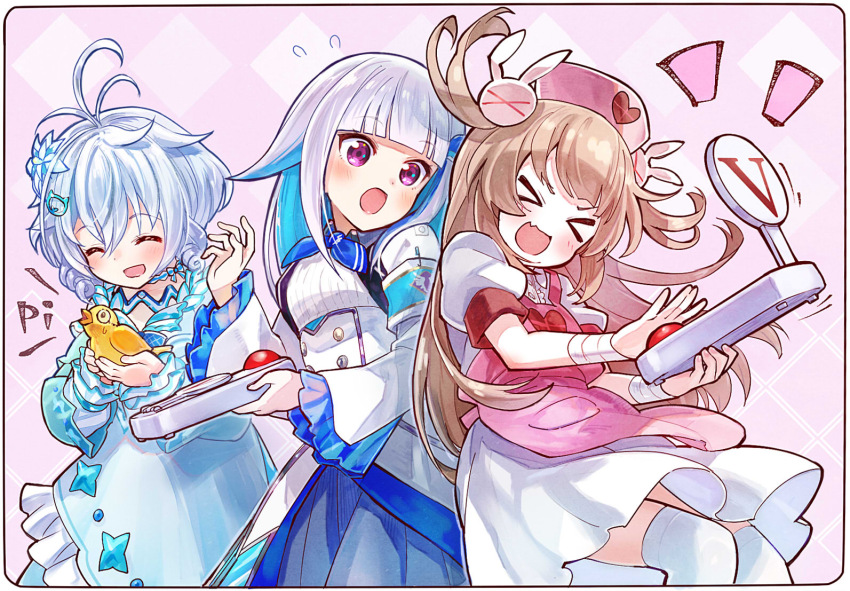 >_<, .live, 3girls, animal, antenna_hair, bird, blue_dress, blue_ribbon