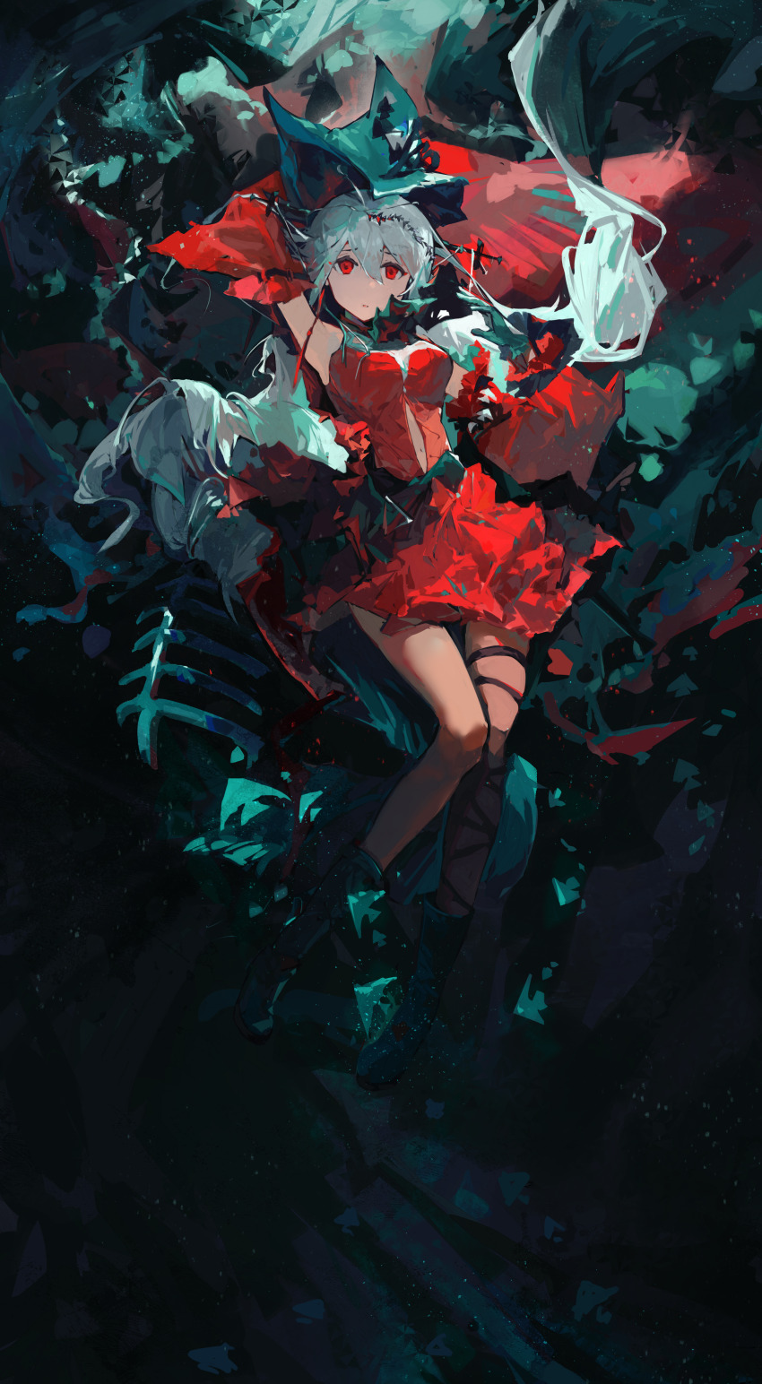 1girl, :o, absurdres, arknights, arm_behind_head, arm_up, armpits, ascot, bare_shoulders, black_boots, boots, breasts, chinese_commentary, clothing_cutout, commentary, detached_sleeves, dress, full_body, furrowed_brow, gloves, green_ascot, green_gloves, hair_between_eyes, hat, highres, kiolkoooo, legs, long_hair, looking_at_viewer, low_twintails, medium_breasts, navel, open_mouth, red_dress, red_eyes, red_sleeves, simple_fish, single_bare_leg, skadi_(arknights), skadi_the_corrupting_heart_(arknights), skeleton, sleeves_past_fingers, sleeves_past_wrists, solo, stomach, stomach_cutout, straight-on, tentacles, thigh_strap, tricorne, tropical_fish, twintails, very_long_hair, white_hair