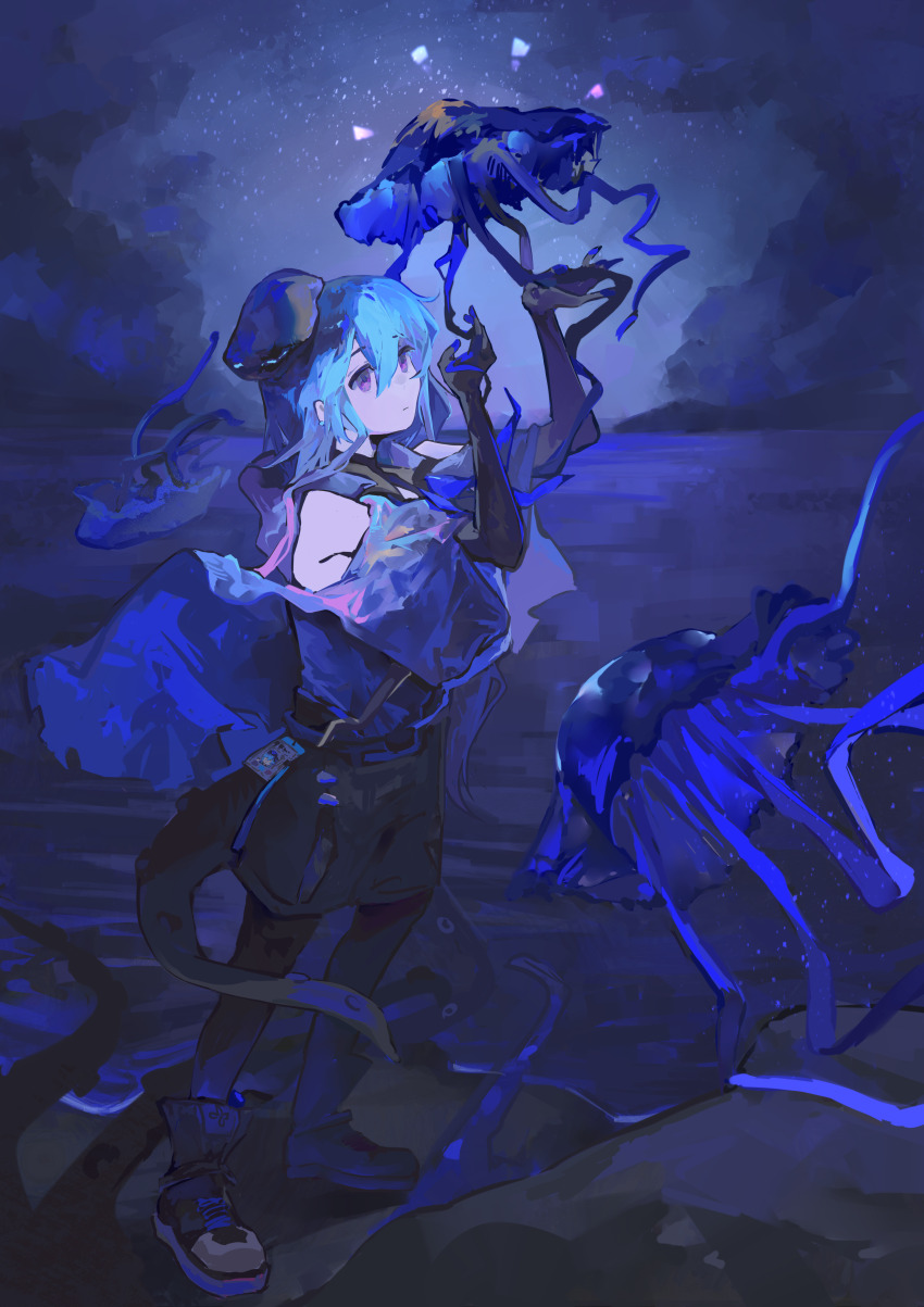 1girl, absurdres, arknights, bare_shoulders, black_footwear, black_pantyhose, black_short, blue_hair