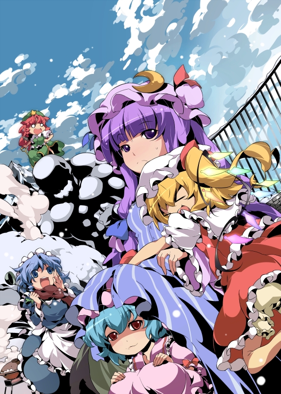 >_<, 5girls, blonde_hair, blue_hair, braid, day, closed_eyes, female_focus