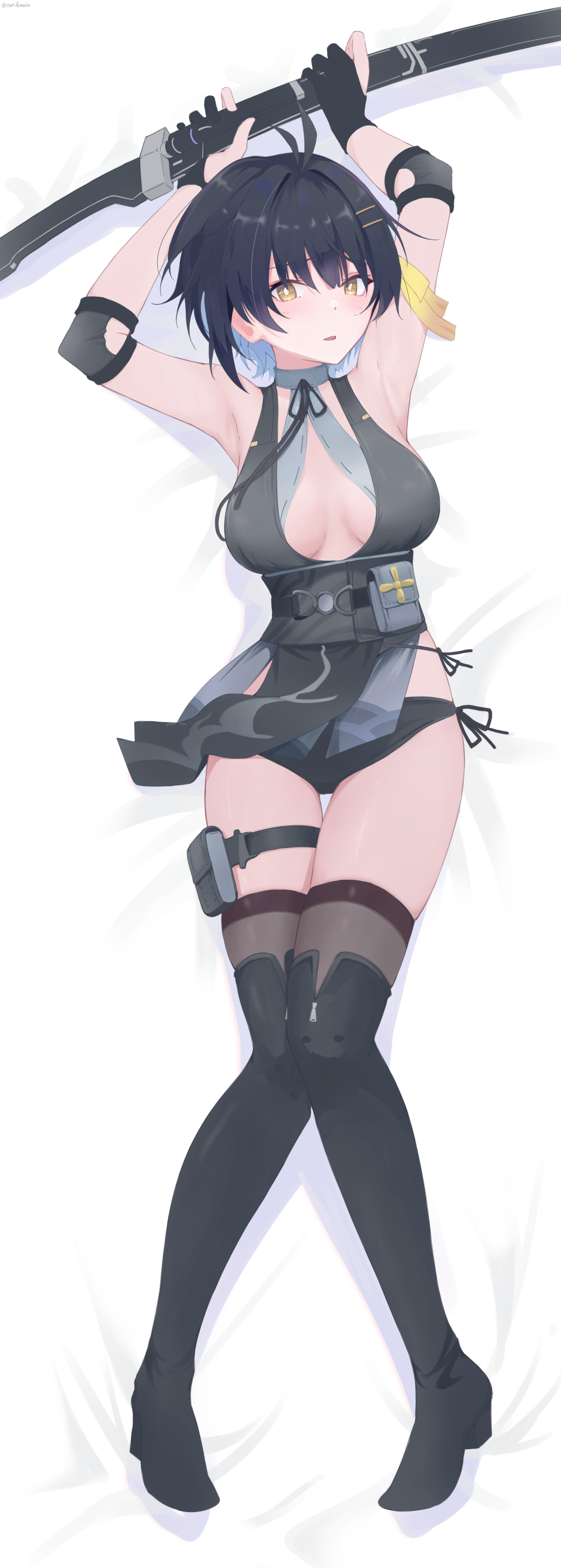 1girl, absurdres, aesfixcia, armpits, arms_behind_head, arms_up, bare_shoulders, bed, black_dress, black_gloves, black_hair, black_panties, blush, boots, breasts, dress, female_rover_(wuthering_waves), full_body, gloves, hair_between_eyes, hair_ornament, hairclip, high_heel_boots, high_heels, highres, hip_focus, holding, holding_sword, holding_weapon, knees_together_feet_apart, lying, medium_breasts, medium_hair, on_back, open_mouth, panties, parted_lips, pouch, rover_(wuthering_waves), side-tie_panties, skindentation, sleeveless, sleeveless_dress, solo, sword, thigh_boots, thigh_gap, thigh_pouch, thigh_strap, underwear, upskirt, weapon, wuthering_waves, yellow_eyes