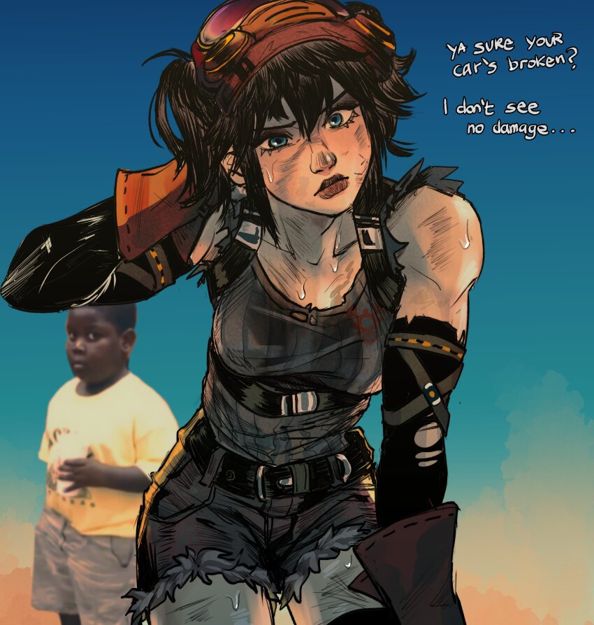 1boy, 1girl, absurdres, black_hair, black_pants, black_shorts, blue_eyes, breasts