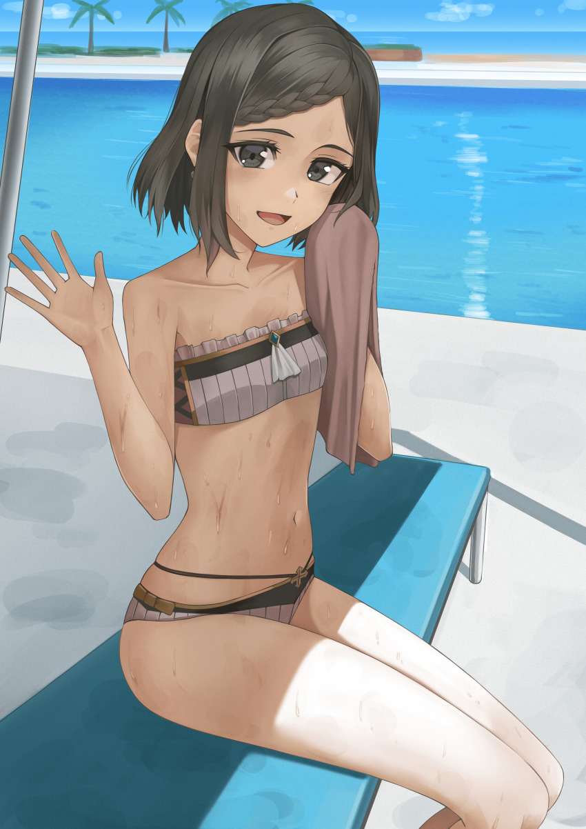 1girl, :d, absurdres, bare_shoulders, bikini, black_eyes, blue_sky, braid, braided_bangs, breasts, collarbone, commission, day, falcom, feet_out_of_frame, flat_chest, grey_eyes, grey_hair, highres, holding, holding_towel, krysha_pendleton, looking_at_viewer, medium_hair, navel, open_mouth, outdoors, palm_tree, pool, poolside, rourou_ill, sitting, skeb_commission, sky, small_breasts, smile, solo, strapless, strapless_bikini, swimsuit, towel, tree, water, waving, wet, ys, ys_ix:_monstrum_nox