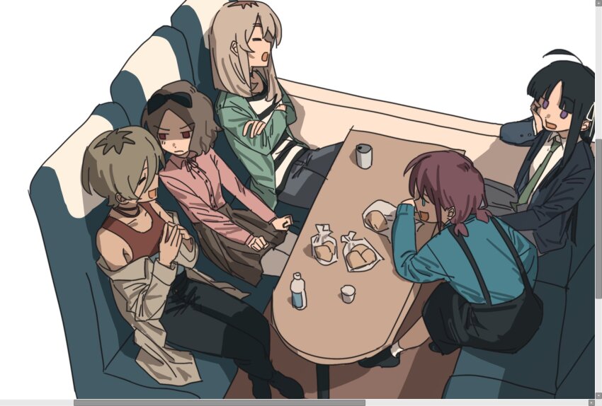 5girls, ahoge, aqua_jacket, awa_subaru, black_bow, black_footwear, black_hair, black_jacket