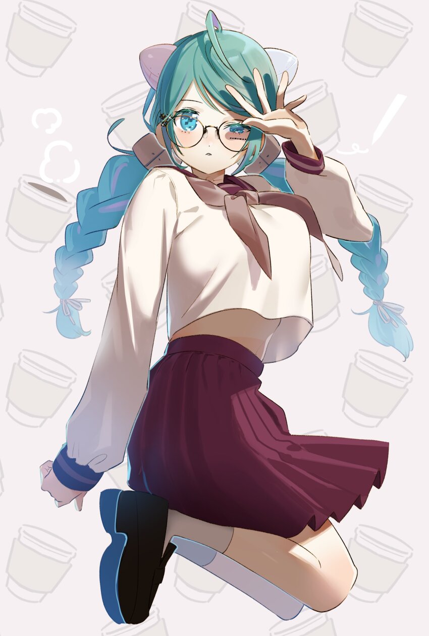 1girl, absurdres, ahoge, black_shoes, blue_eyes, blush, braid, breasts, brown_neckerchief, brown_sailor_collar, coffee, cup, disposable_coffee_cup, disposable_cup, facial_tattoo, feet_up, food-themed_background, from_side, full_body, glasses, green_hair, hand_up, highres, indie_virtual_youtuber, itopoid, jumping, large_breasts, long_hair, looking_at_viewer, looking_to_the_side, low_twin_braids, midriff_peek, neckerchief, parted_lips, patterned_background, pleated_skirt, red_skirt, sailor_collar, school_uniform, serafuku, shading_eyes, shirt, shirt_overhang, shoes, skirt, solo, tattoo, twin_braids, twisted_torso, uneven_eyes, white_shirt, yokujitsu