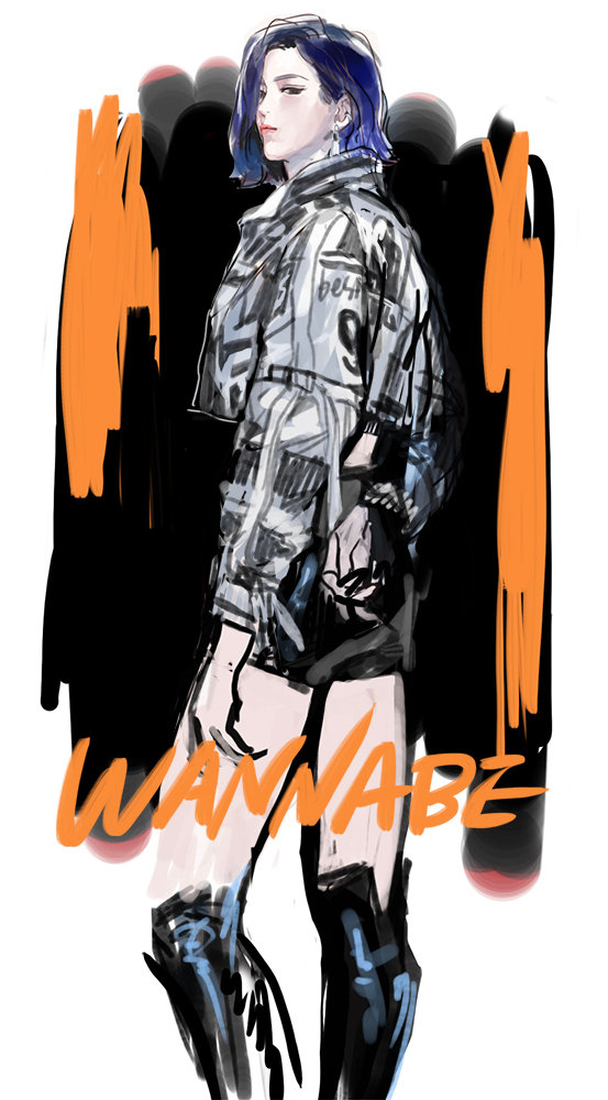 1girl, blue_hair, boots, earrings, itzy, jacket, jewelry, k-pop