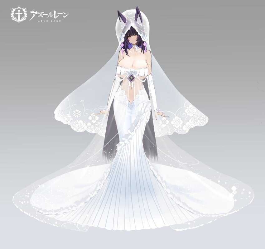 1girl, absurdly_long_hair, absurdres, animal_ears, azur_lane, breasts, bridal_veil, choker, cleavage, dishwasher1910, dress, elbow_gloves, facial_mark, fox_ears, fox_girl, gloves, highres, kitsune, large_breasts, long_hair, musashi_(azur_lane), musashi_(purest_wisteria)_(azur_lane), nail_polish, navel, official_alternate_costume, purple_hair, ribbon_choker, see-through_clothes, solo, thighs, veil, very_long_dress, very_long_hair, wedding_dress, whisker_markings, wide_hips, yellow_eyes