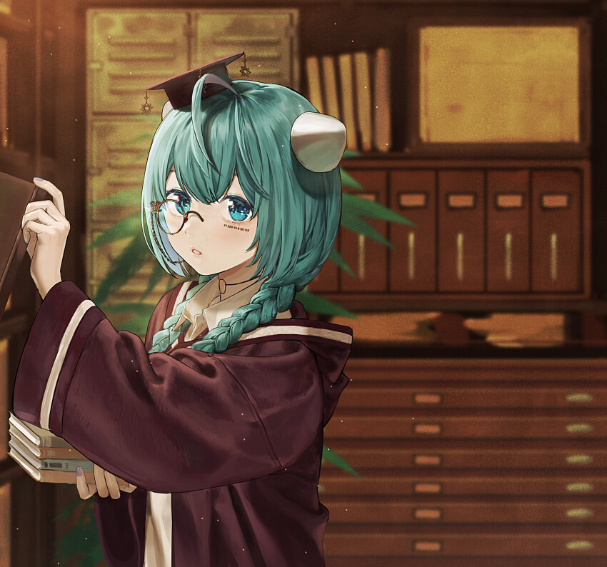 1girl, ahoge, barcode, barcode_tattoo, blue_eyes, blue_hair, blurry, blurry_background