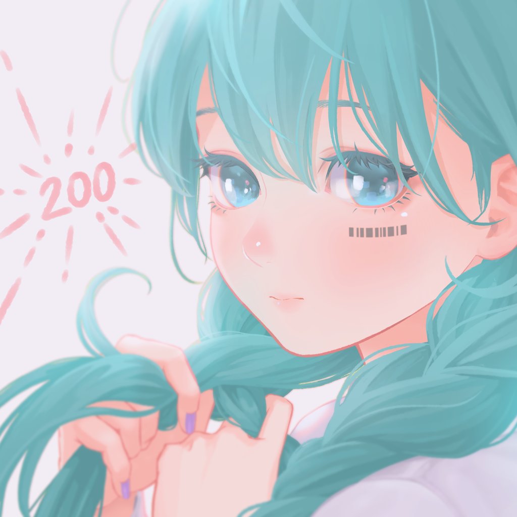 1girl, barcode, barcode_tattoo, blue_eyes, blue_hair, blush, braid, braiding_hair