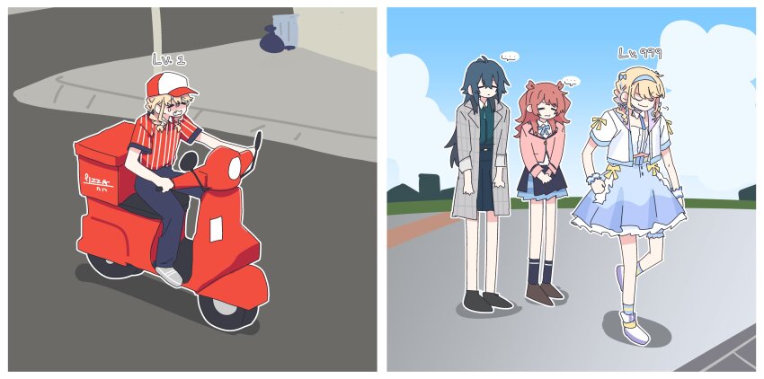 ..., 3girls, absurdres, antenna_hair, black_footwear, black_skirt, black_socks, blonde_hair, blue_pants, blue_skirt, blue_sky, braid, brown_footwear, brown_hair, closed_eyes, closed_mouth, cloud, coat, fangs, food_delivery_box, fujita_kotone, gakuen_idolmaster, gloom_(expression), green_eyes, green_shirt, grey_coat, grey_footwear, hair_between_eyes, hanami_saki, hat, hatsuboshi_gakuen_school_uniform, highres, idol_clothes, idolmaster, jacket, long_hair, long_sleeves, low_twin_braids, medium_hair, meme, motor_vehicle, multiple_girls, open_mouth, outdoors, pants, pink_jacket, red_hat, red_shirt, road, school_uniform, scooter, seal_007, shirt, short_sleeves, sidelocks, skirt, sky, smile, socks, spoken_ellipsis, street, tears, that's_how_mafia_works_(meme), tsukimura_temari, twin_braids, twintails, v-shaped_eyebrows, white_jacket