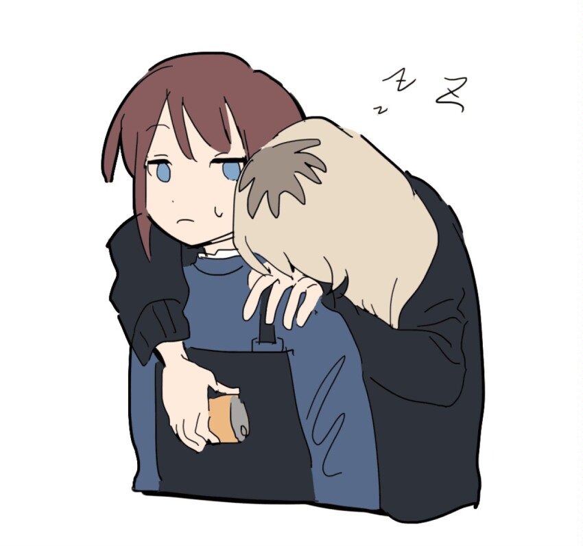 2girls, black_overalls, black_sweater, blonde_hair, blue_eyes, blue_shirt, brown_hair, can