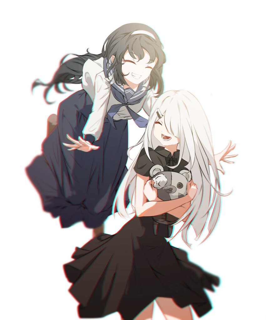 2girls, 9h, :d, backlighting, black_bow, black_bowtie, black_dress, black_hair