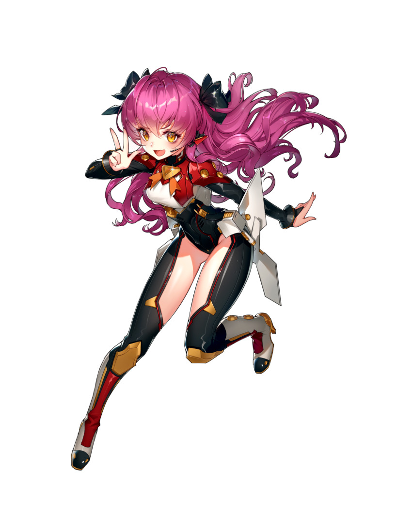 1girl, armor, artist_request, black_armor, black_bow, black_sleeves, blonde_hair, blush, bodysuit, bow, bridal_gauntlets, clothing_cutout, fang, final_gear, full_body, garren_(final_gear), hair_bow, highres, leg_up, microphone, official_art, open_mouth, purple_hair, red_armor, sidelocks, simple_background, skin_fang, solo, tachi-e, thigh_cutout, third-party_source, transparent_background, v, wavy_hair, white_bodysuit