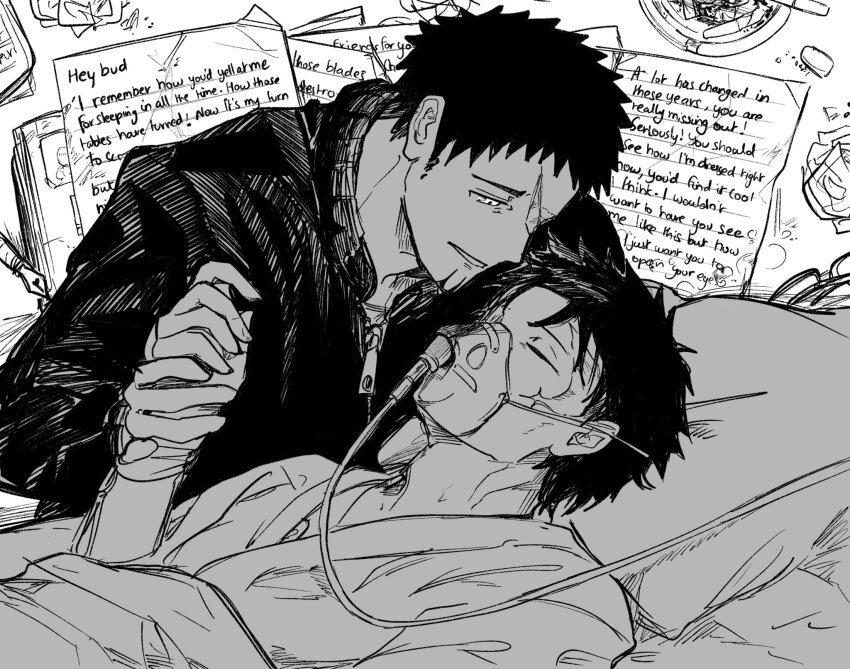 2boys, alternate_universe, ashtray, black_hair, blanket, cigarette, closed_eyes, english_text