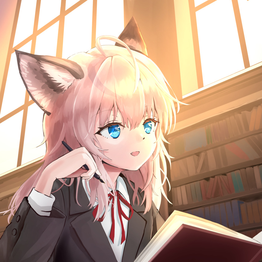 1girl, animal_ears, arknights, blue_eyes, book, fang, fox_ears, genjaku