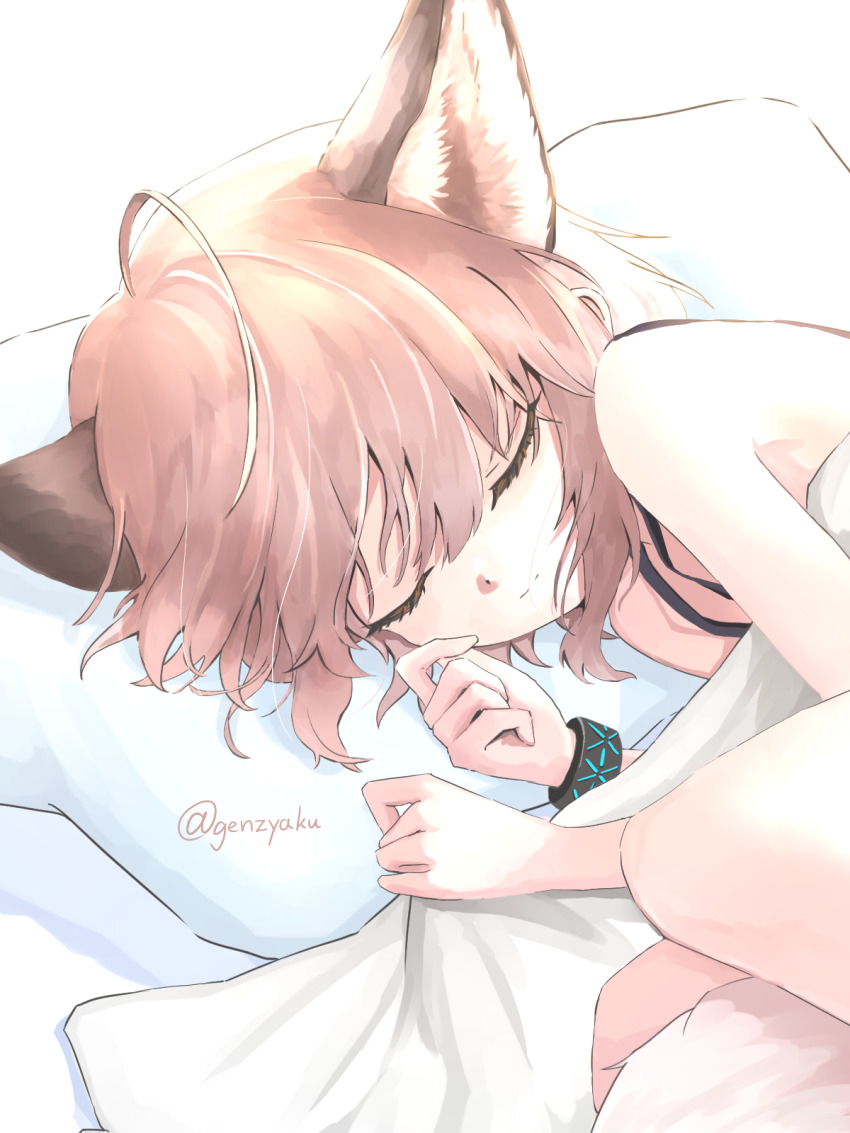 1girl, animal_ears, arknights, bed, fox_ears, fox_tail, genjaku, highres
