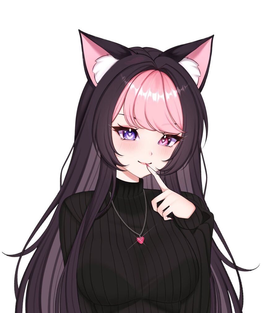1girl, absurdres, animal_ear_fluff, animal_ears, black_hair, black_sweater, breasts, cat_ears, cat_girl, closed_mouth, darlingstrawb, emerazu_(artist), eyelashes, finger_to_mouth, heart, heart-shaped_pupils, heart_in_eye, heart_necklace, heterochromia, highres, indie_virtual_youtuber, jewelry, long_hair, multicolored_hair, necklace, pink_eyes, pink_hair, purple_eyes, ribbed_sweater, second-party_source, solo, sweater, symbol-shaped_pupils, symbol_in_eye, turtleneck, turtleneck_sweater, two-tone_hair, upper_body, virtual_youtuber