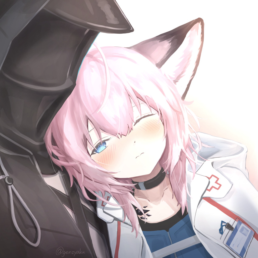 1girl, animal_ears, arknights, blue_eyes, blush, choker, cross, doctor_(arknights)