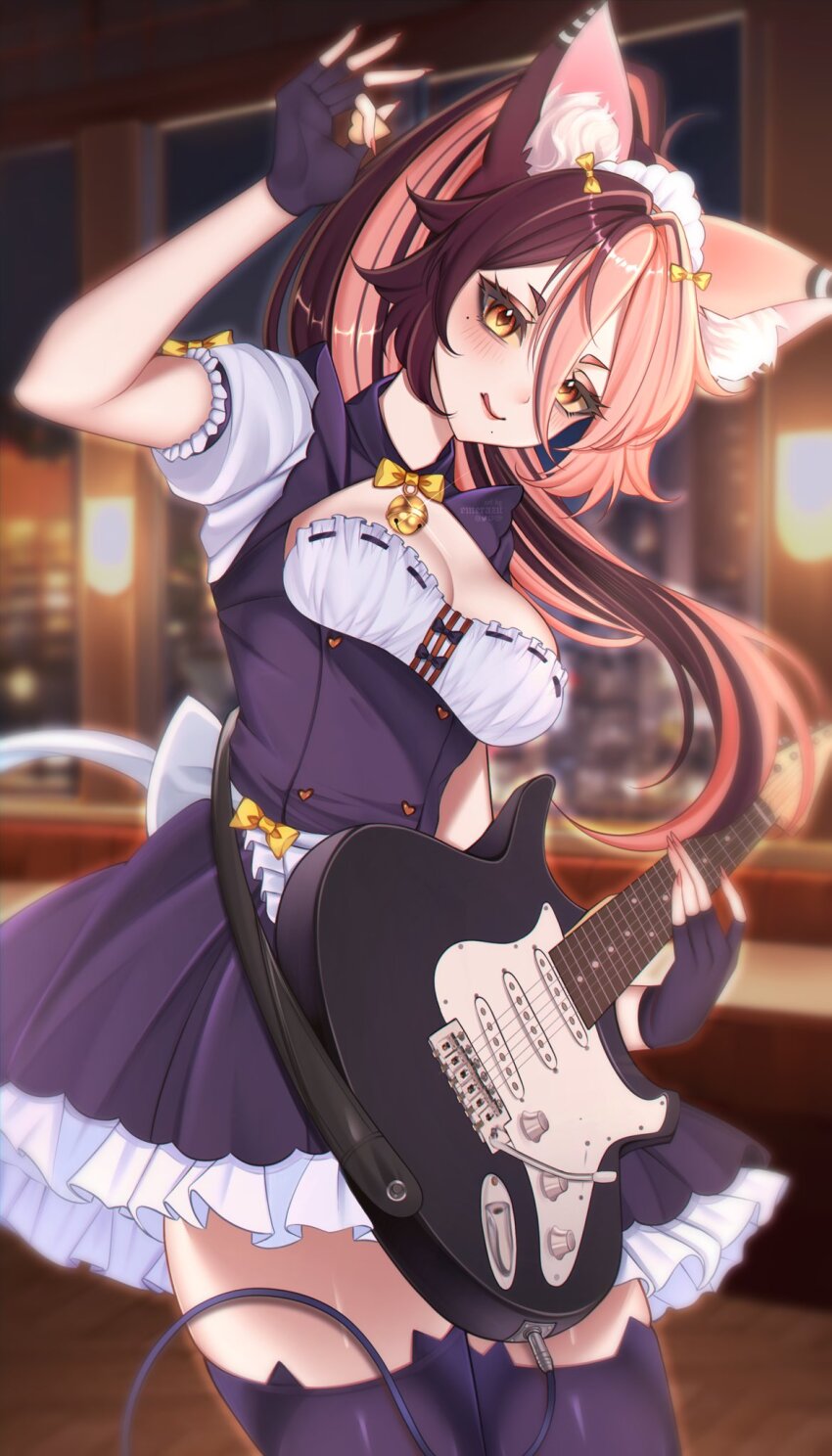 :q, animal_ear_fluff, animal_ear_legwear, apron, back_bow, bell, black_dress, black_gloves