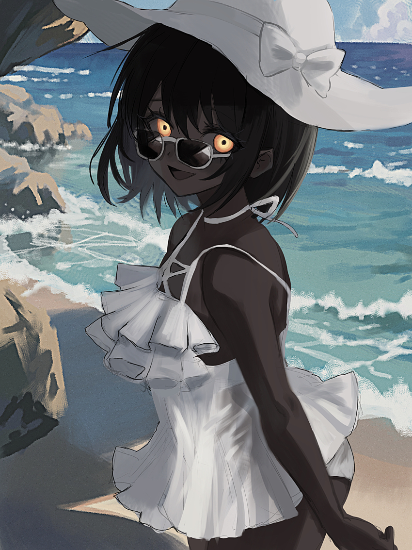 1girl, akai_ringo_(eveyuno), beach, black_hair, dark-skinned_female, dark_skin, day, hat