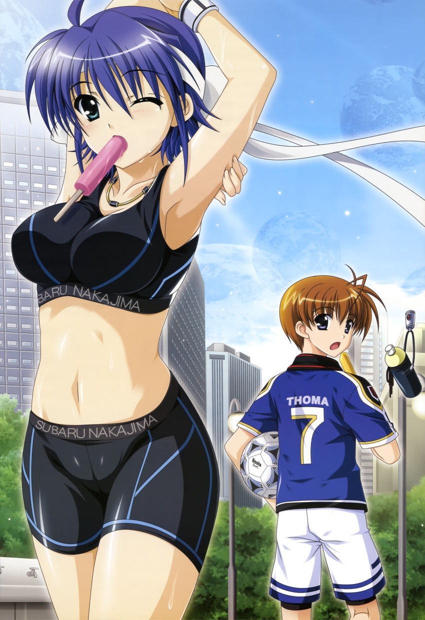 00s, 1boy, 1girl, absurdres, ahoge, arm_up, armpits, ball, bike_shorts, blue_hair, breasts, brown_hair, city, clothes_writing, cloud, crop_top, day, food, food_in_mouth, green_eyes, headband, higa_yukari, highres, looking_back, lyrical_nanoha, mahou_senki_lyrical_nanoha_force, mahou_shoujo_lyrical_nanoha, medium_breasts, midriff, moon, mouth_hold, navel, non-web_source, nyantype, official_art, one_eye_closed, outdoors, popsicle, scan, sexually_suggestive, short_hair, shorts, skin_tight, sky, soccer, soccer_ball, sports_bra, steed_(nanoha), subaru_nakajima, sweat, tank_top, thoma_avenir, wink, wristband