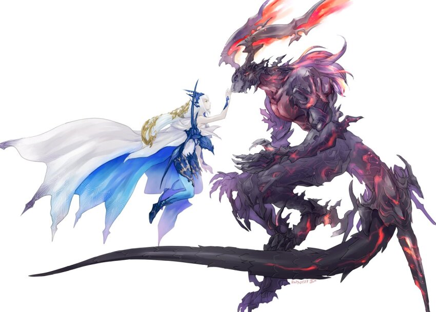 cape, claws, eye_contact, final_fantasy, final_fantasy_xvi, floating, glowing, horns