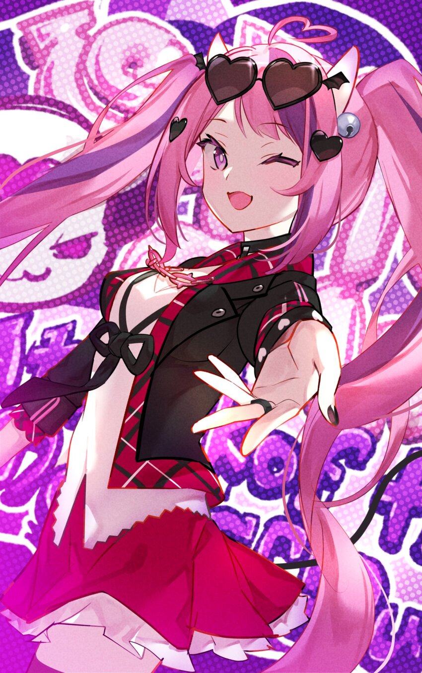 1girl, ahoge, black_nails, black_thighhighs, demon_girl, demon_horns, eyewear_on_head, heart