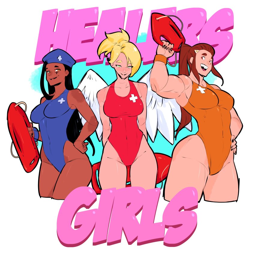 3girls, absurdres, alternate_costume, ana_(overwatch), angel_wings, aqua_background, asymmetrical_hair, beret