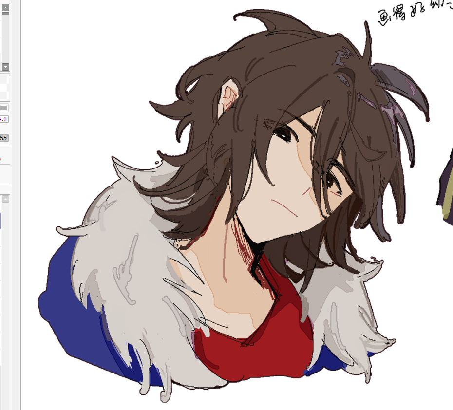 1boy, blue_jacket, brown_eyes, brown_hair, chinese_commentary, closed_mouth, commentary_request, fur-trimmed_jacket, fur_trim, hair_between_eyes, isoi_reiji, jacket, male_focus, medium_hair, open_clothes, open_jacket, painttool_sai, painttool_sai_(medium), red_shirt, saibou_shinkyoku, shirt, simple_background, solo, songlajihuijia, white_background