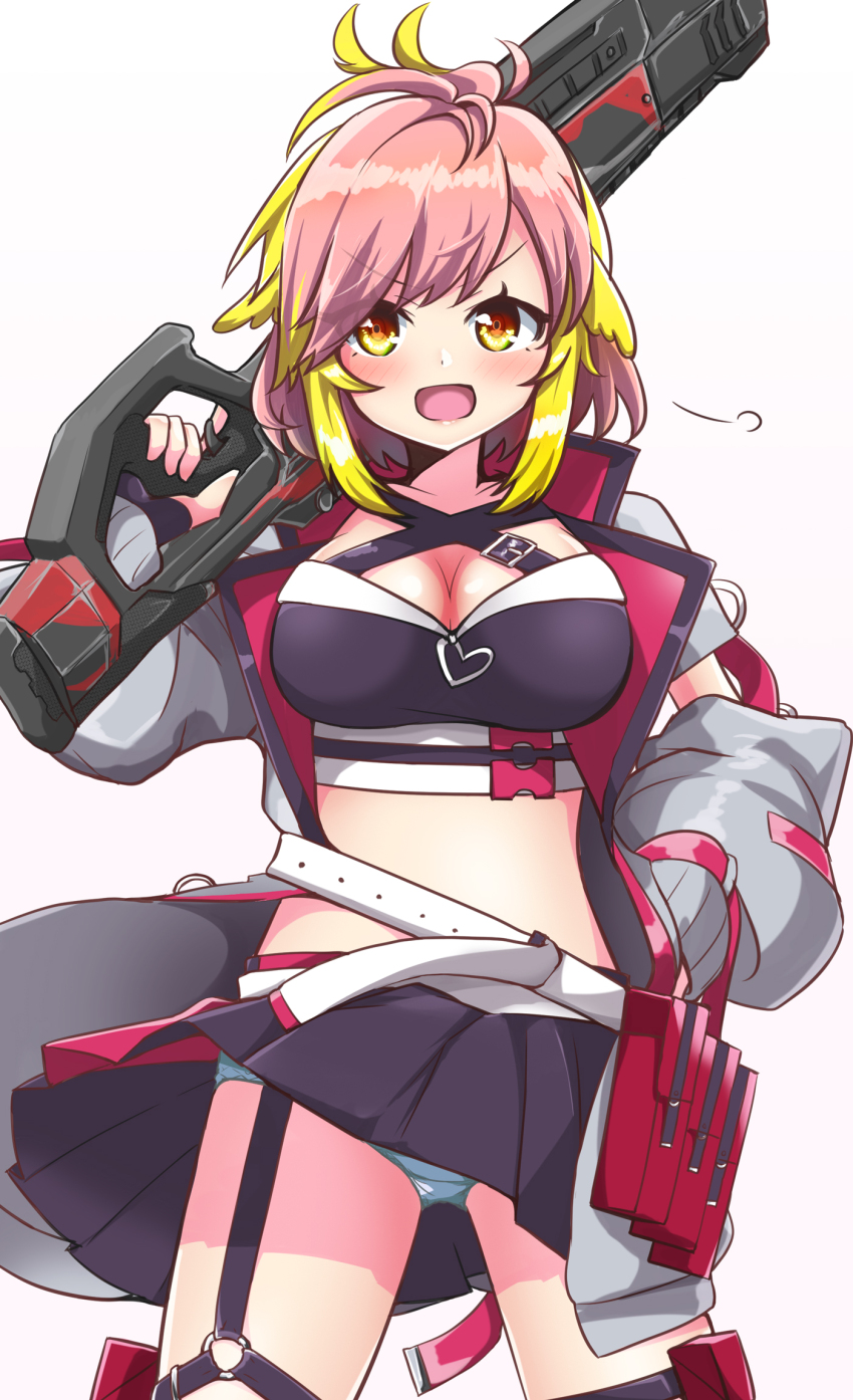 1girl, belt, black_gloves, blonde_hair, blue_panties, blush, breasts, coat