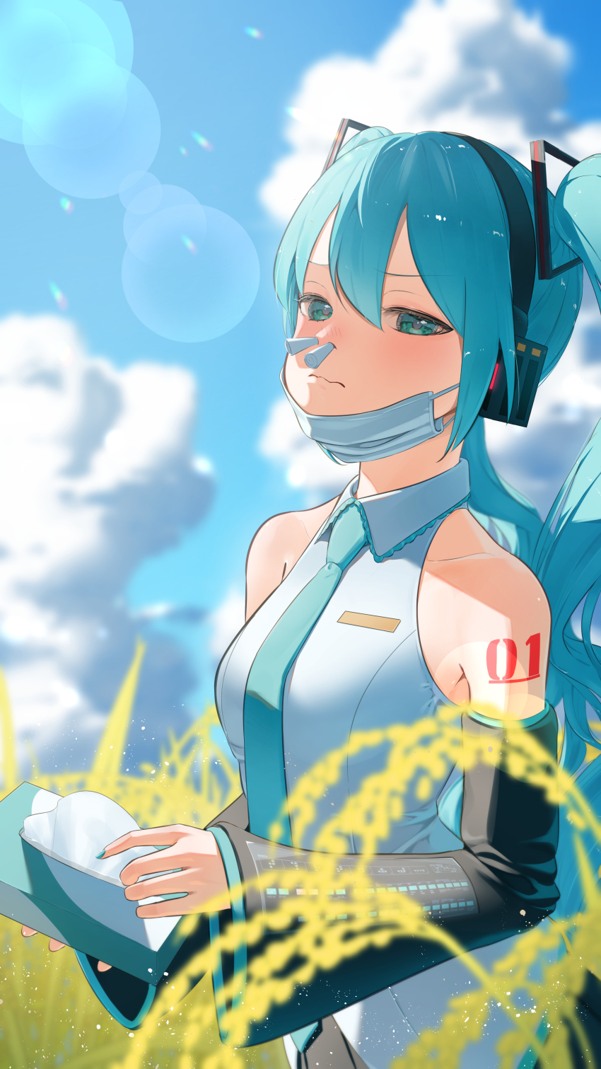 1girl, absurdres, bananafish1111, bare_shoulders, blue_eyes, blue_hair, blue_nails, blue_sky