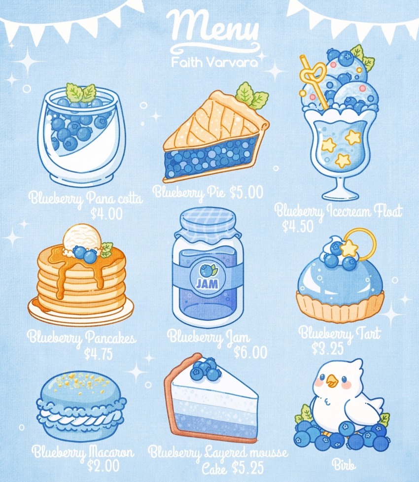 bendy_straw, bird, blue_background, blue_theme, blueberry, commentary, dessert, drinking_straw, english_commentary, english_text, faith_varvara, food, food_focus, fruit, fruit_tart, garland_(decoration), glass, highres, ice_cream, ice_cream_float, jam, leaf, macaron, menu, mousse_(food), no_humans, original, pancake, pancake_stack, pie, pie_slice, plate, price, simple_background, sparkle, star_(symbol), syrup, tart_(food), white_bird
