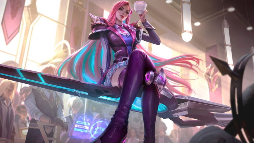 1girl, absurdres, battle_academia_caitlyn, caitlyn_(league_of_legends), coffee_mug, crowd, cup, gun