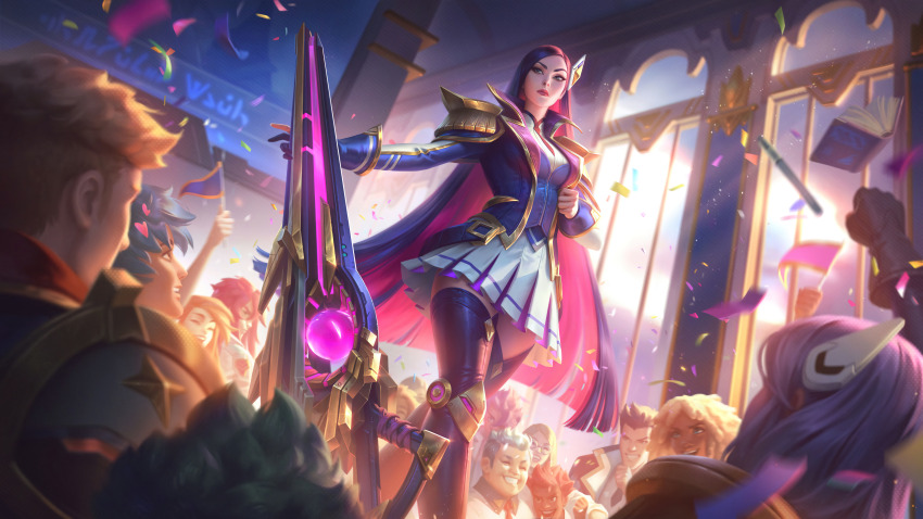 1girl, absurdres, battle_academia_caitlyn, caitlyn_(league_of_legends), confetti, crowd, gun, highres