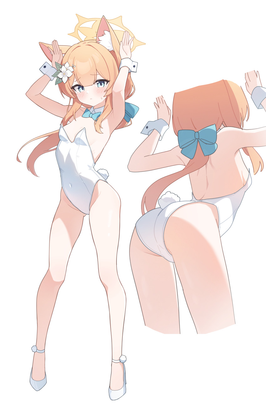 1girl, absurdres, alternate_costume, animal_ear_fluff, animal_ears, aqua_bow, ass, blue_archive