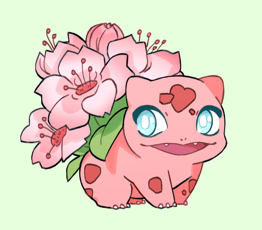 alternate_color, alternate_form, blue_eyes, bulbasaur, colored_skin, flower, gen_1_pokemon, green_background