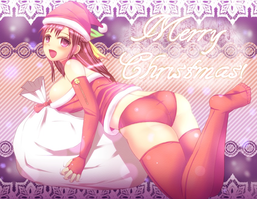 1girl, 95-tan, ass, bare_shoulders, blush, breasts, christmas, elbow_gloves