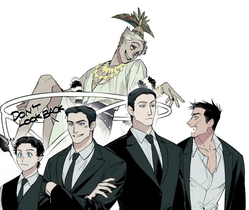 5boys, anger_vein, black_eyeshadow, black_hair, black_jacket, black_nails, black_necktie, black_suit, blue_eyes, blue_sclera, bracelet, chinese_commentary, collared_shirt, colored_sclera, commentary, crossed_arms, earrings, english_text, eyeshadow, facial_hair, feather_boa, formal_clothes, gold_bracelet, gold_necklace, gold_ring, hair_slicked_back, hat, heart, heart_in_mouth, hejidingye, highres, hoop_earrings, jacket, jewelry, king_julien_xiii, knee_up, kowalski_(madagascar), leaf, looking_at_another, looking_down, looking_to_the_side, madagascar_(series), makeup, male_focus, multiple_boys, necklace, necktie, open_clothes, open_jacket, open_mouth, partially_unbuttoned, personification, private_(madagascar), rico_(madagascar), scar, scar_on_chest, scar_on_face, scared, sharp_teeth, shirt, short_hair, skipper_(madagascar), smile, standing, suit, teeth, tunic, upper_body, white_background, white_facial_hair, white_hair, white_shirt, white_tunic, wide-eyed, wing_collar, yellow_sclera