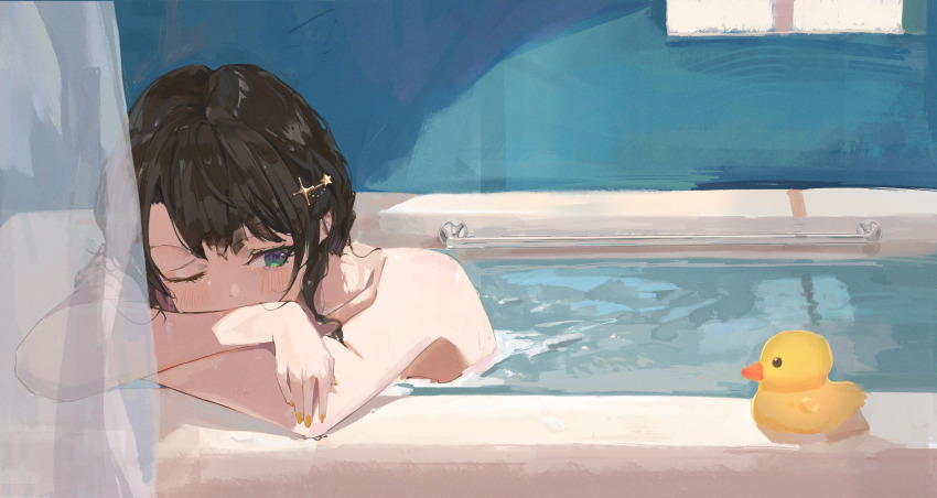 1girl, bath, bathing, black_hair, blush, commentary, completely_nude, crossed_arms