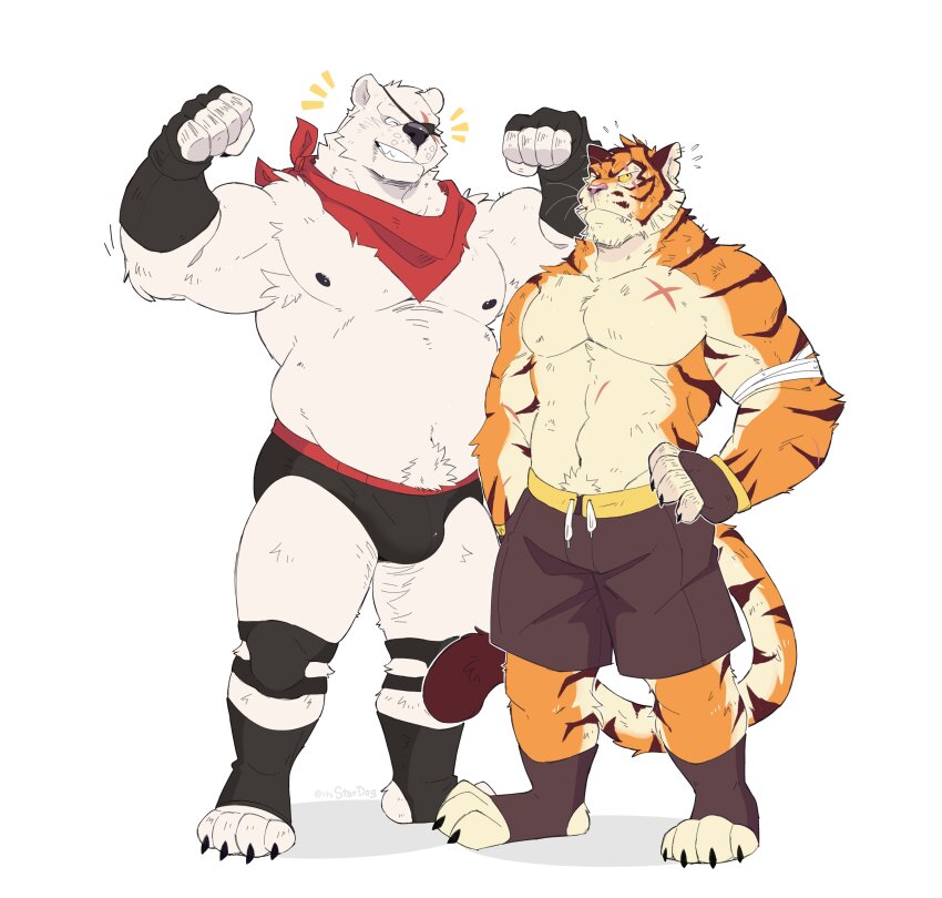 2boys, absurdres, animal_ears, armpits, averting_eyes, bara, bear_boy, bear_ears, belly, bulge, closed_eyes, colored_sclera, cross_scar, eyepatch, fingerless_gloves, flexing, fortnite, gloves, grey_shorts, grin, hands_on_own_hips, highres, knee_pads, large_pectorals, male_focus, multicolored_fur, multiple_boys, muscular, muscular_arms, muscular_male, nipples, orange_fur, oscar_(fortnite), pectorals, polar_patroller_(fortnite), red_scarf, scar, scar_across_eye, scar_on_face, scarf, sharp_toenails, shorts, smile, stardog, tail, thick_navel_hair, thick_neck, thighs, tiger_ears, tiger_stripes, tiger_tail, toeless_footwear, toenails, topless_male, twitter_username, whiskers, white_fur, yellow_sclera