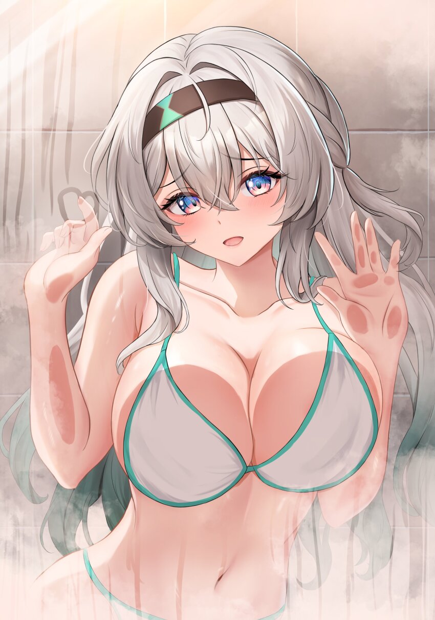 1girl, absurdres, against_glass, armpit_crease, bath, bathing, bikini, black_hair